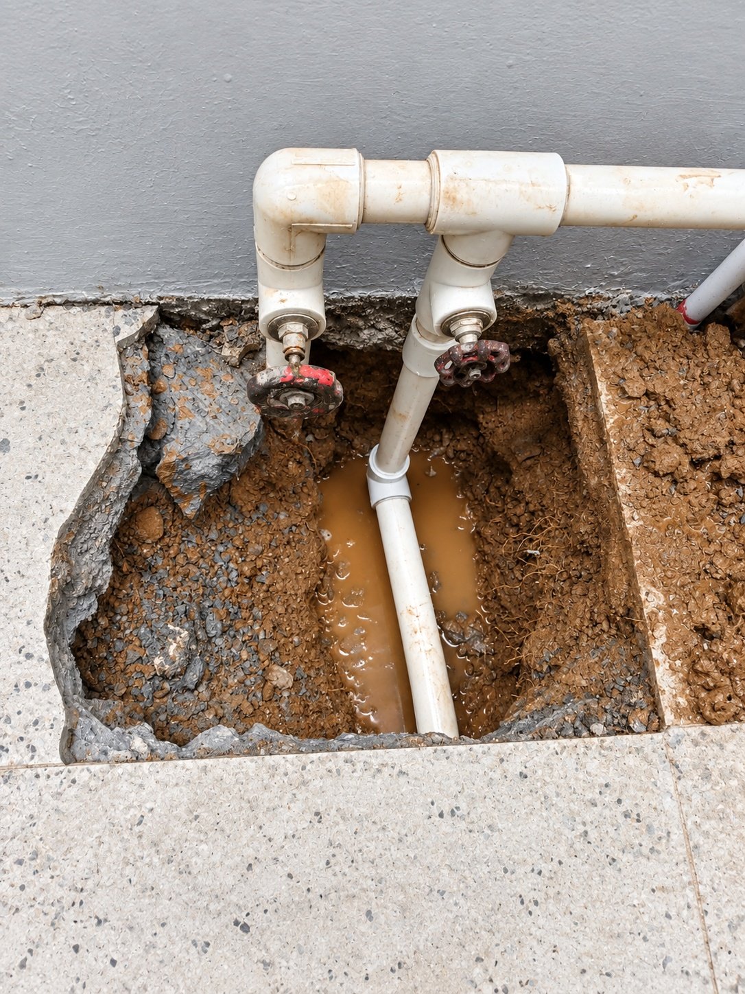 Exterior trench opened to access and repair buried PVC plumbing